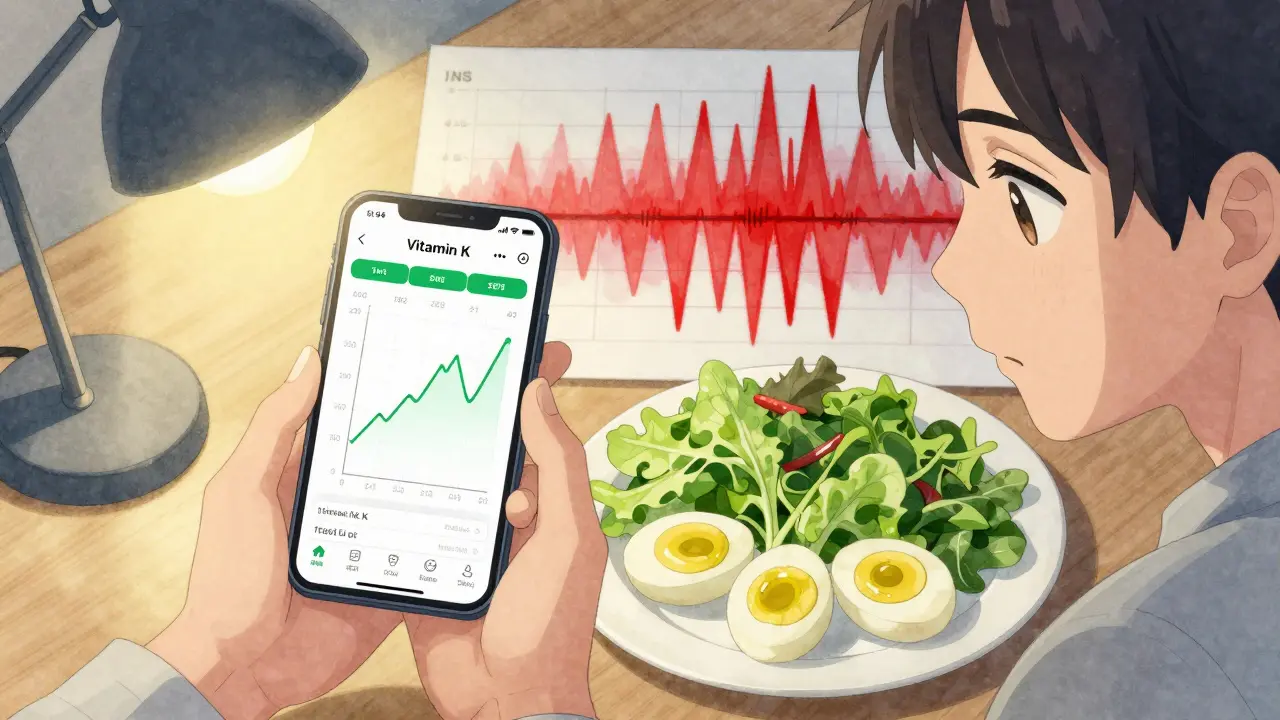Patient using a vitamin K tracking app while eating balanced meals, with stabilizing INR graph.