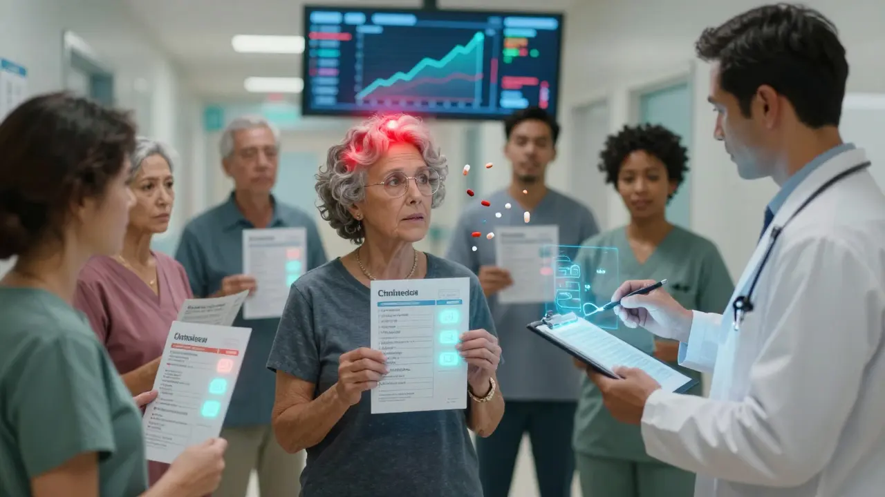 Patients in a hospital hallway with personalized medication charts and a pharmacist using a holographic tool.