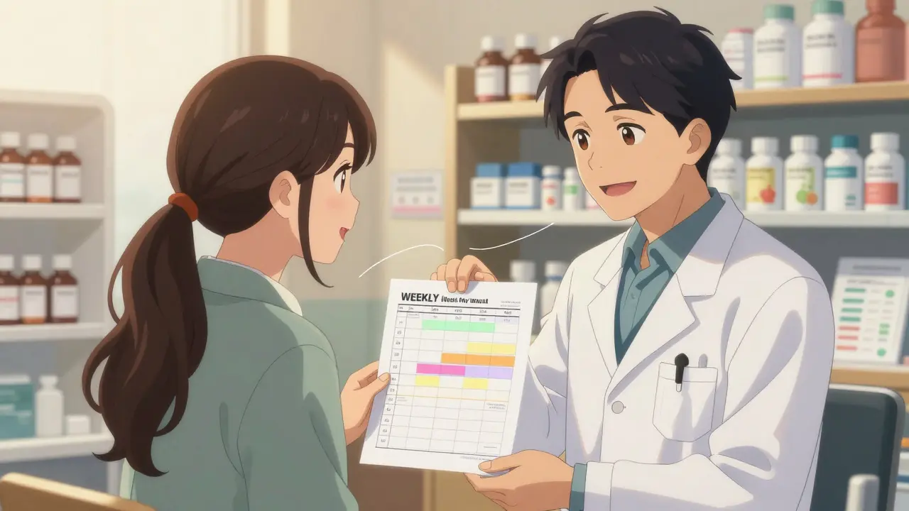Pharmacist and patient reviewing a weekly meal plan for stable warfarin therapy.