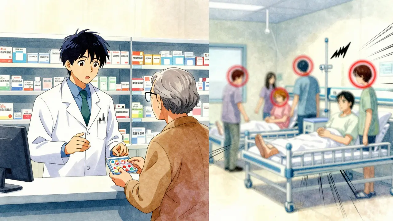 Pharmacist educating an older patient about medications, contrasted with chaotic hospital scenes of preventable harm.