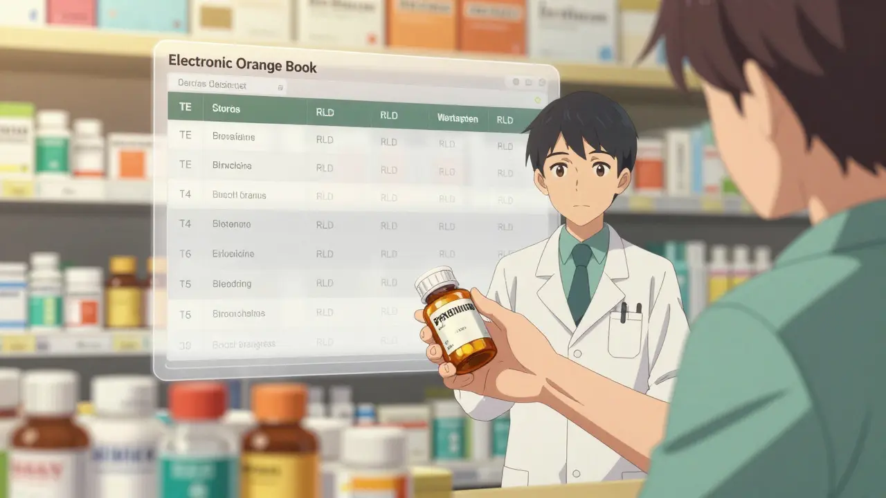 Pharmacist giving a generic pill to a patient with an Orange Book interface in the background.