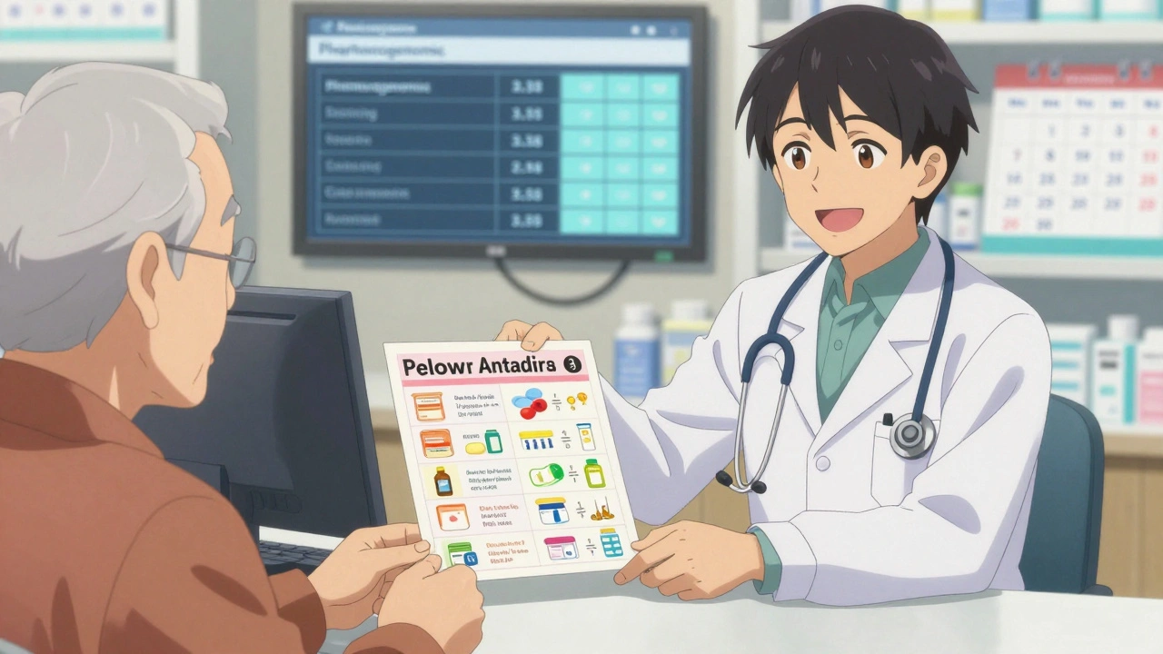 Pharmacist showing a colorful medication comparison chart to an elderly patient.