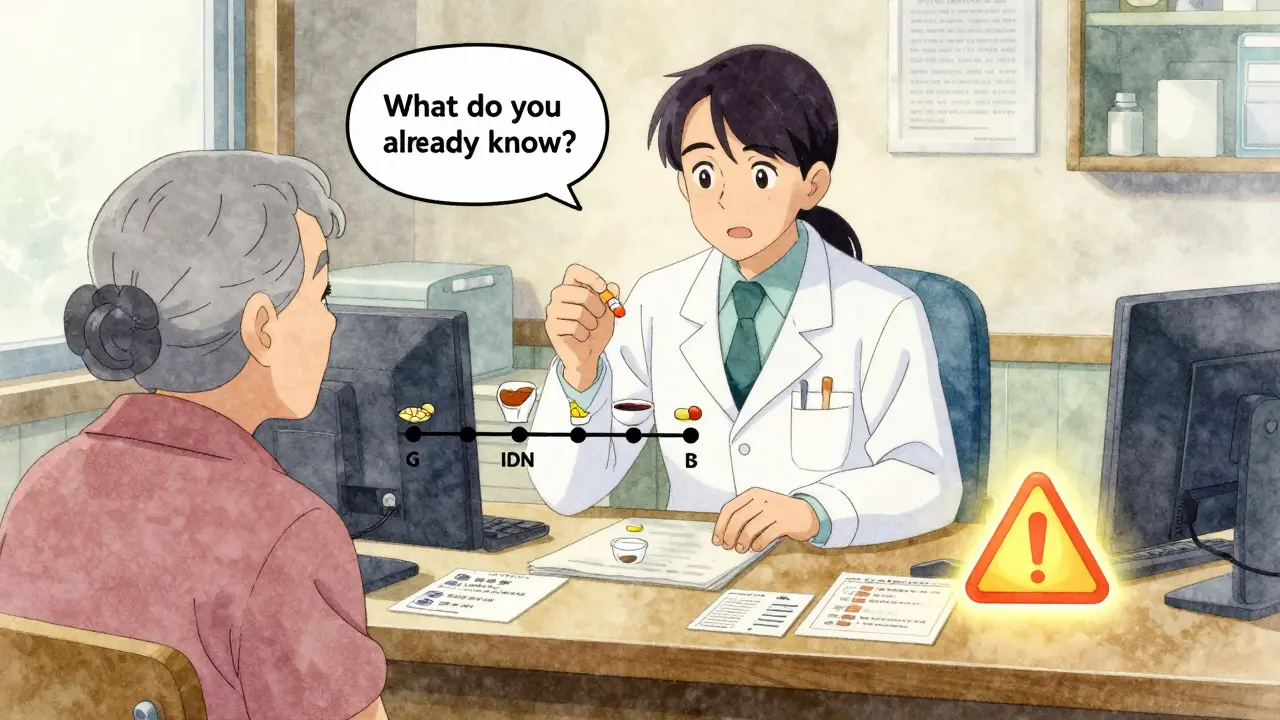 Pharmacist using three-question model with elderly patient and printed counseling cards.