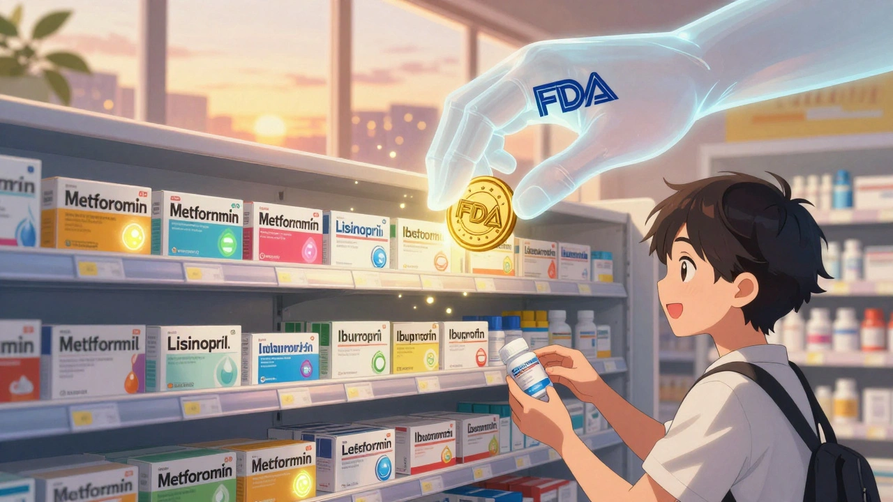 Pharmacy shelf with generic drugs and FDA approval stamp glowing above