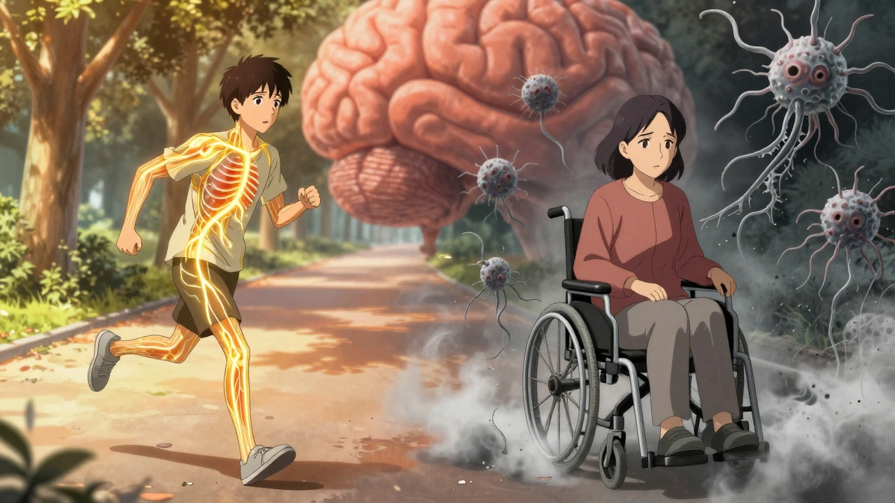 Same person at two life stages: running with healthy nerves vs. sitting with degenerating nerve pathways.