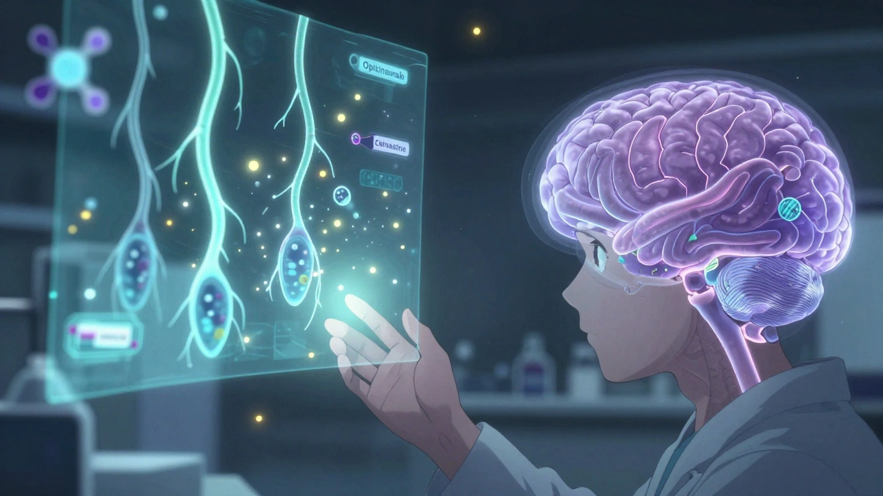 Scientists projecting holograms of regrowing axons and remyelination drugs in a futuristic lab.