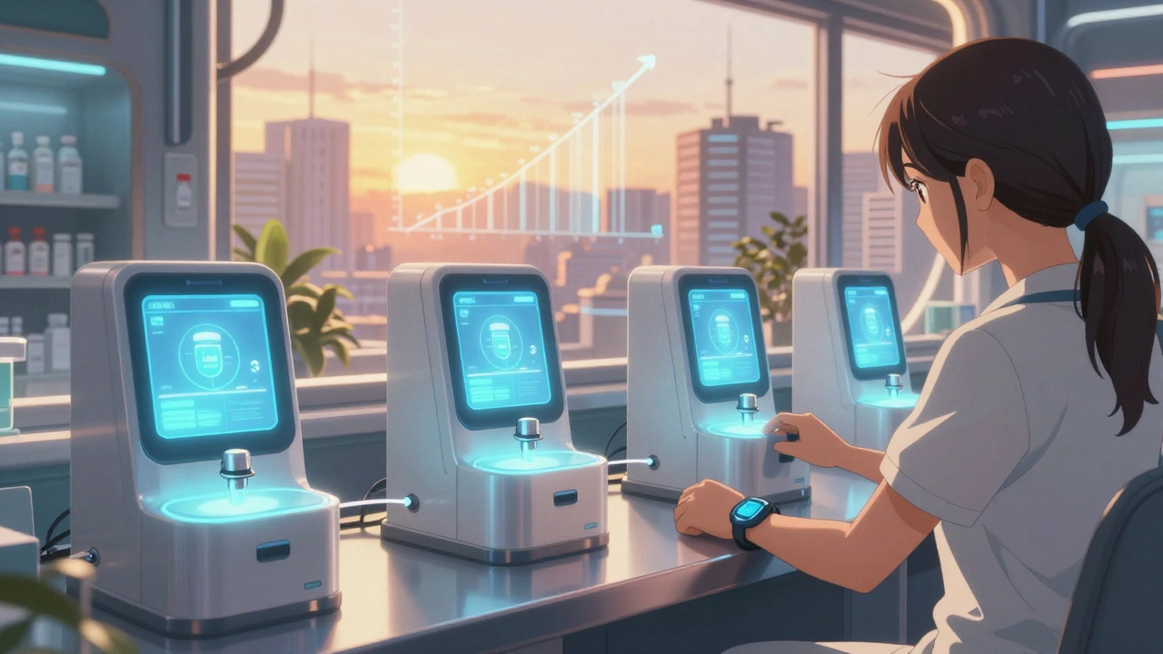 Smart dispensers and AI technology helping patients adhere to medication regimens in a futuristic pharmacy.