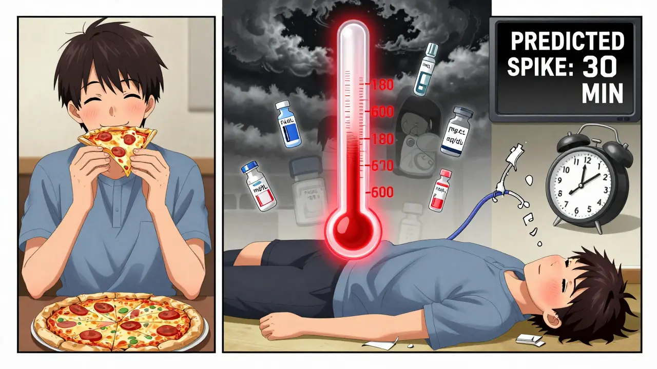 Split manga panel showing a person's life disrupted by hyperglycemia from food, stress, and missed insulin.
