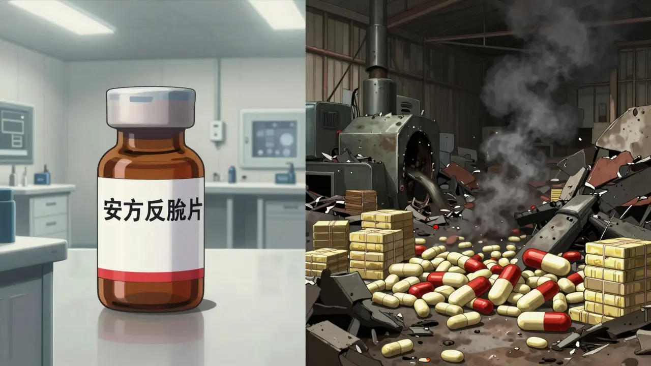 Split scene: authorized generic production vs. abandoned generic tablets in a failing supply chain.