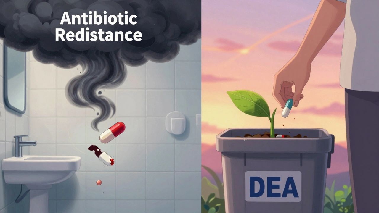 Split scene: decaying pills becoming pollution vs. safe disposal with a leaf growing
