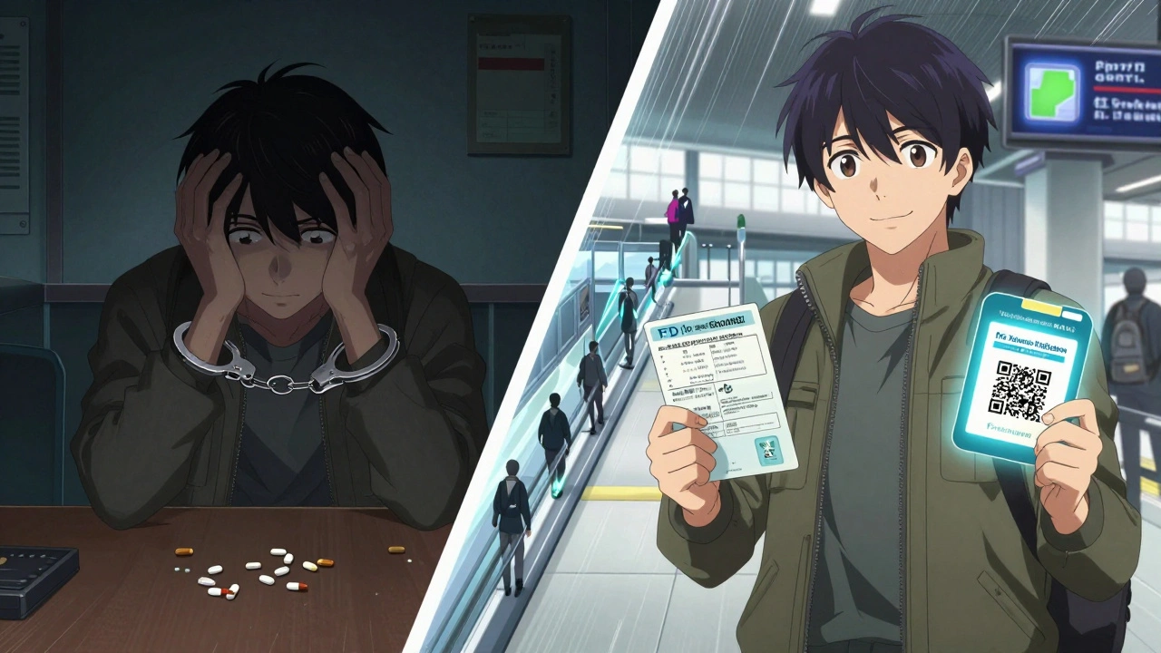 Split scene: traveler detained vs. traveler cleared at airport, showing contrast between chaos and preparedness.