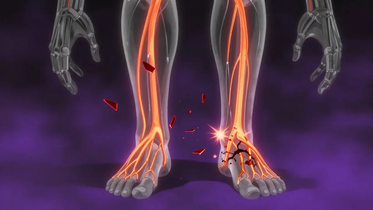 Transparent human body showing damaged nerves corroded by metronidazole molecules.