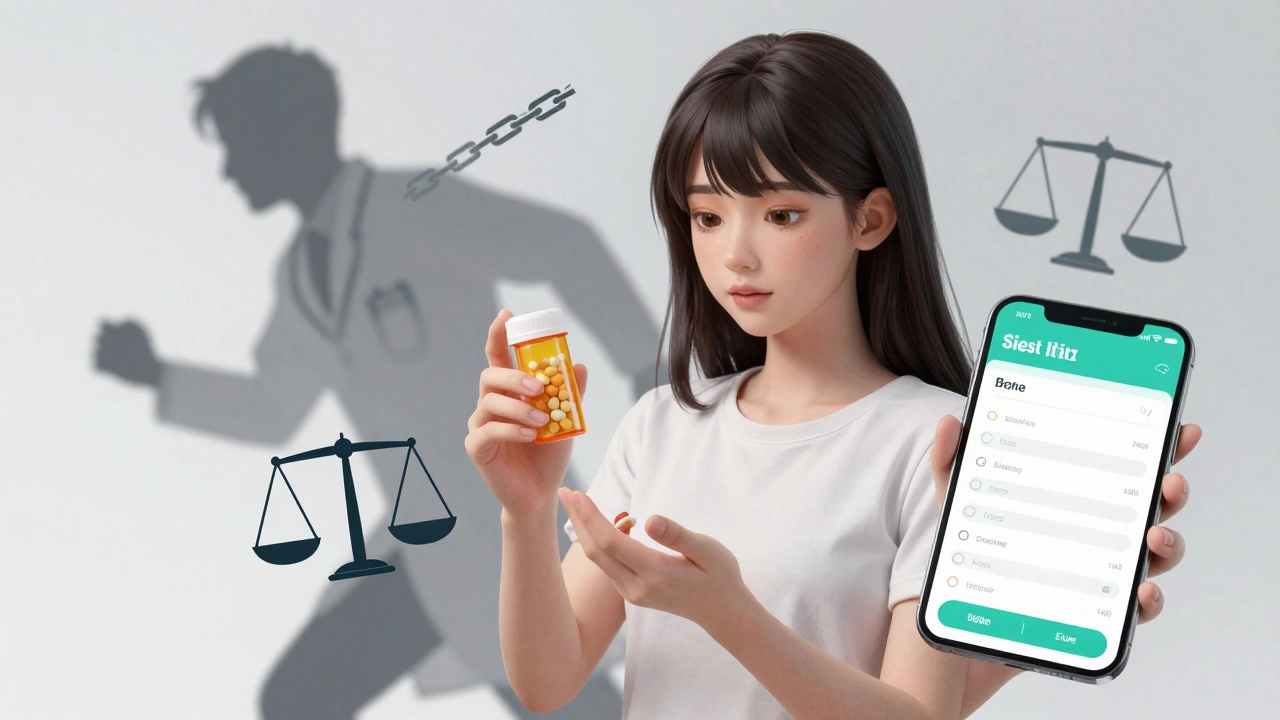 Woman holding a pill bottle surrounded by symbols of autonomy, cost, and quality of life.