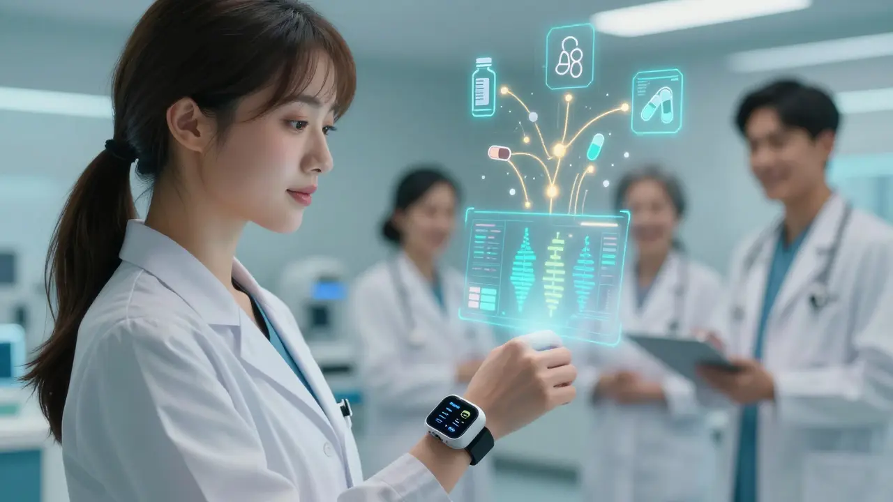 Woman with wearable device showing holographic gene data and drug safety pathways in a futuristic medical setting.
