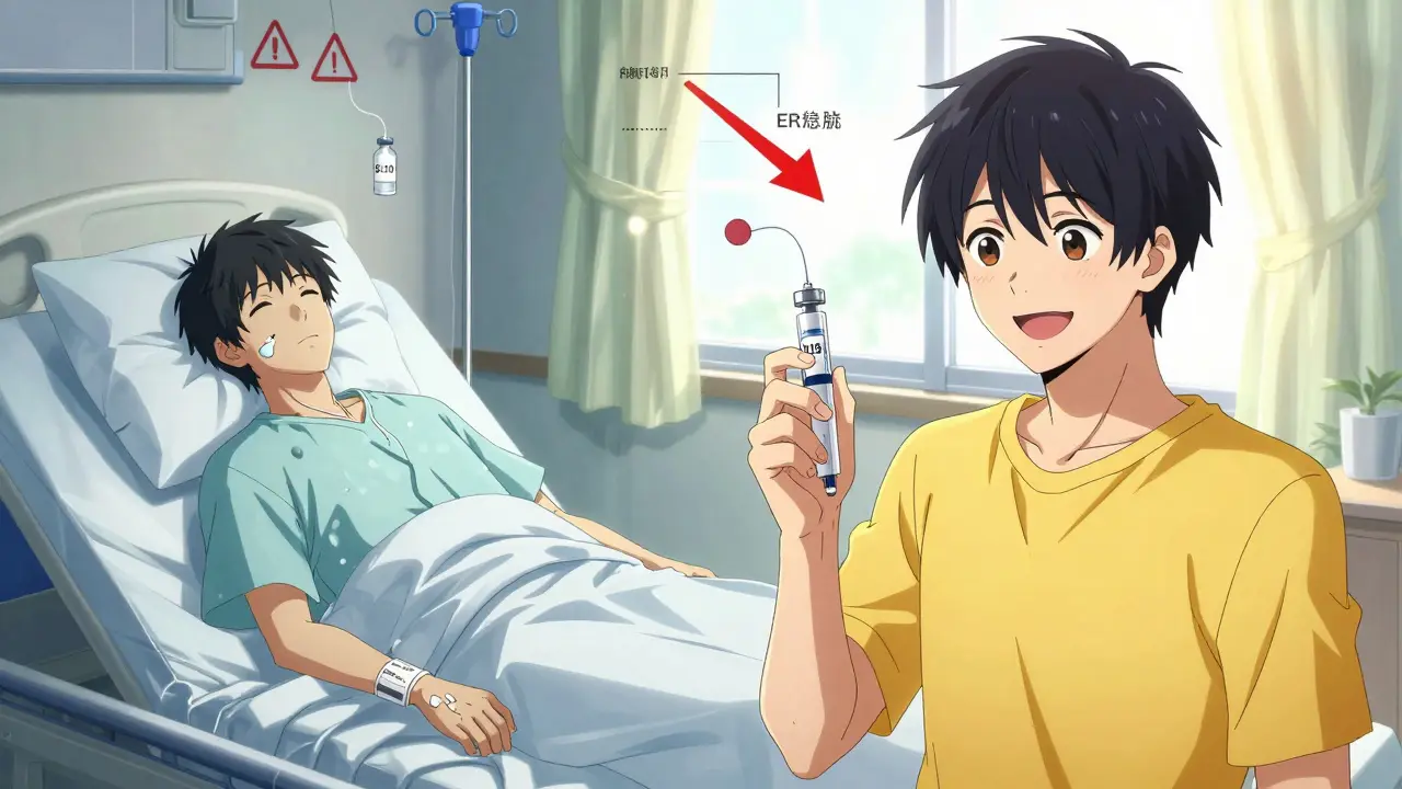 A diabetic patient compares high-cost insulin leading to hospitalization with affordable generic insulin at home.