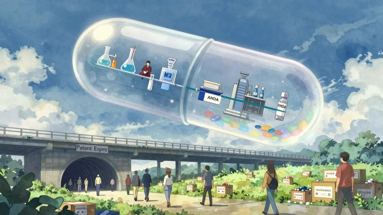 A giant transparent generic pill revealing scientific processes, with people walking from darkness into light.
