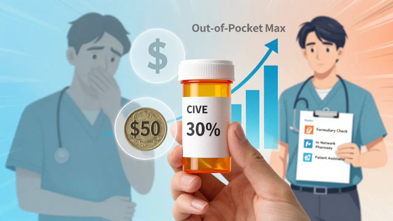 A hand holding a medication bottle with floating financial icons showing copay, coinsurance, and out-of-pocket max reaching its limit.