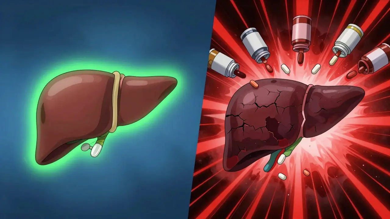 A healthy liver versus a damaged liver, shown side by side with pills raining down.