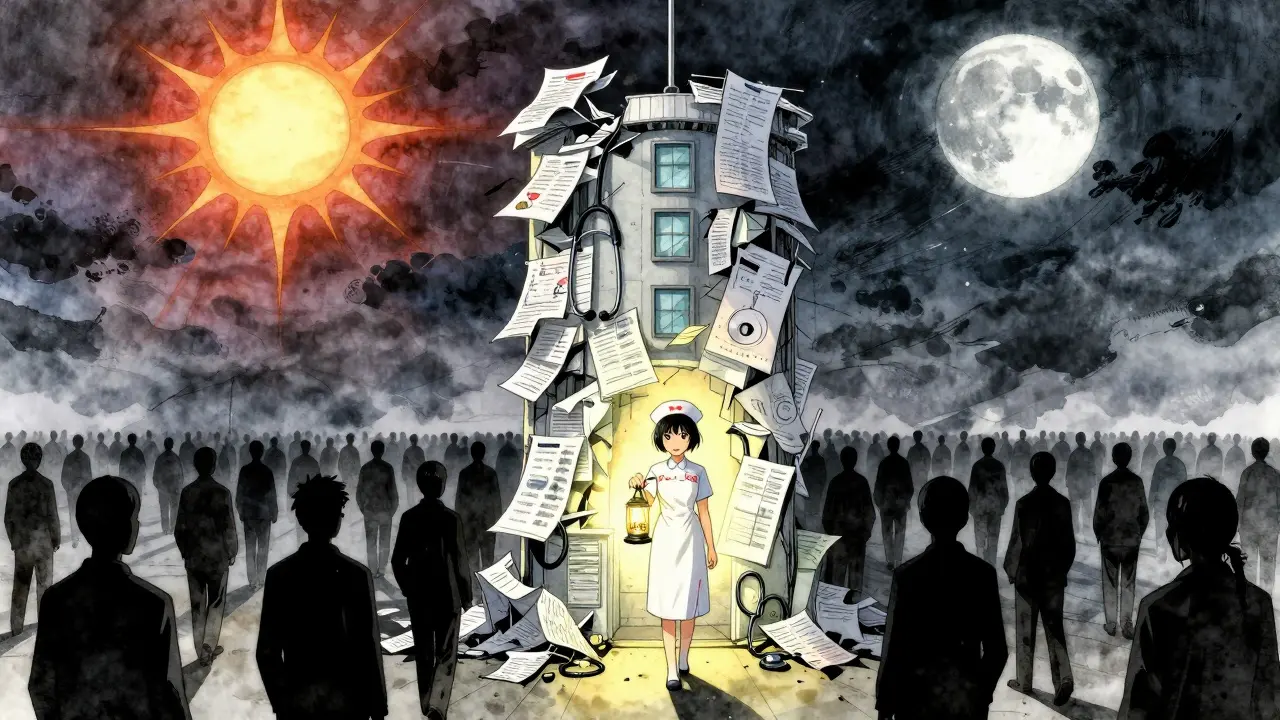 A lone nurse holding a lantern amid a collapsing hospital made of medical supplies.