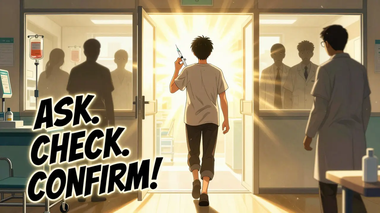 A patient exits a pharmacy holding an oral syringe, sunlight behind them as shadowy errors fade away in the background.