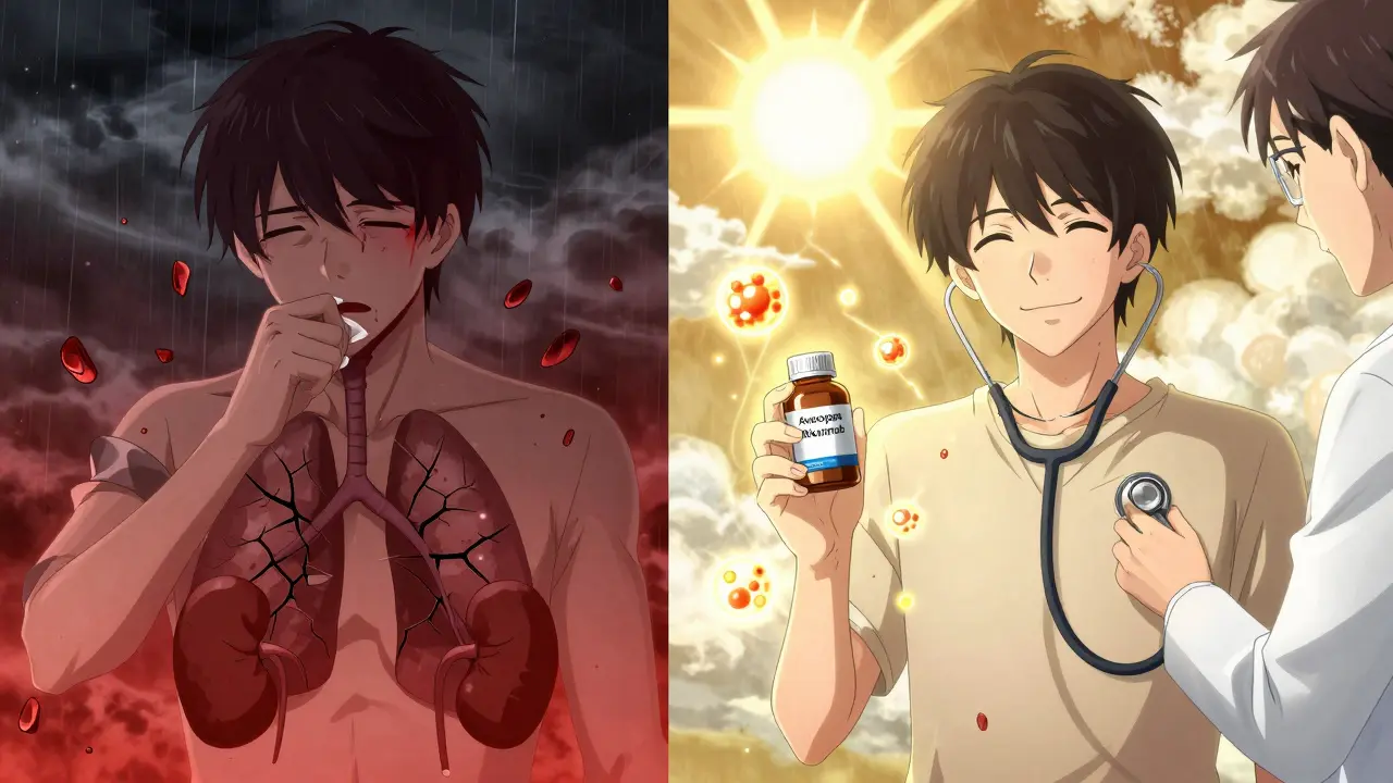 A patient’s journey from severe vasculitis symptoms to recovery with biologic treatment, in anime style.