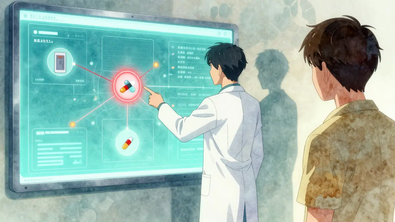 A pharmacist points to a digital drug interaction alert while a patient watches closely, surrounded by safety-themed colors.