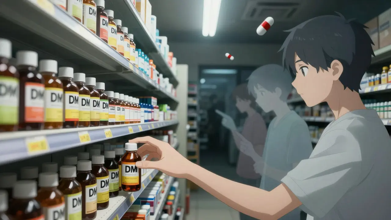 A pharmacy shelf with cough syrups labeled 'DM' as a teen reaches for them, with ghostly figures in the background.