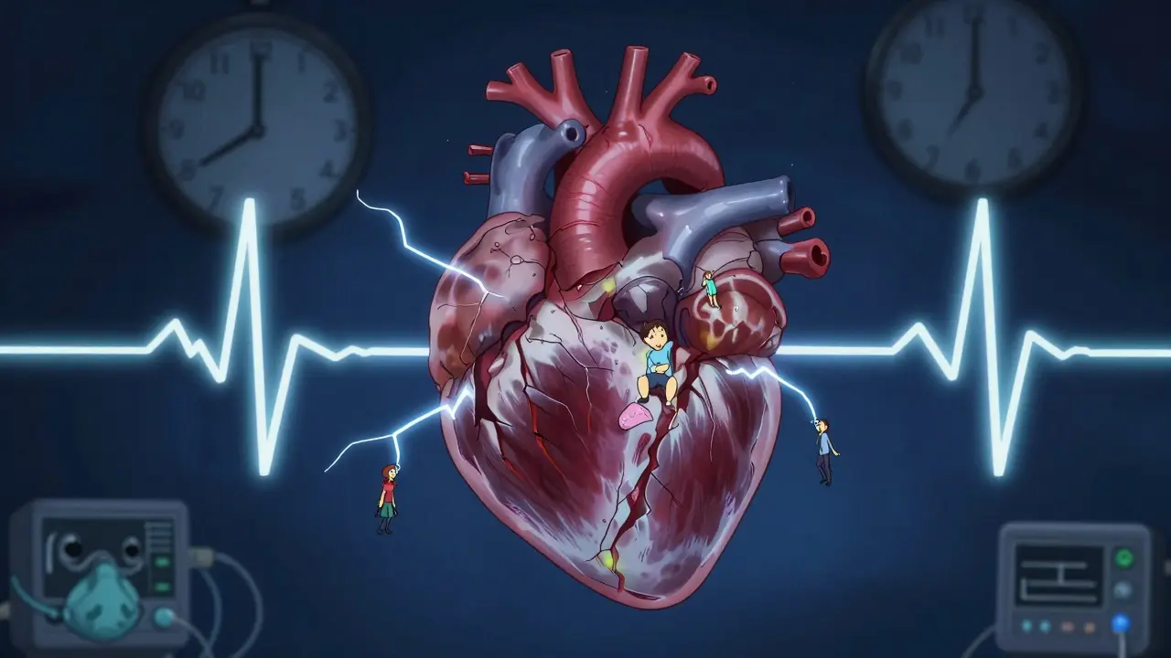 A scarred heart under attack by electrical bursts symbolizing sleep apnea-induced arrhythmias.