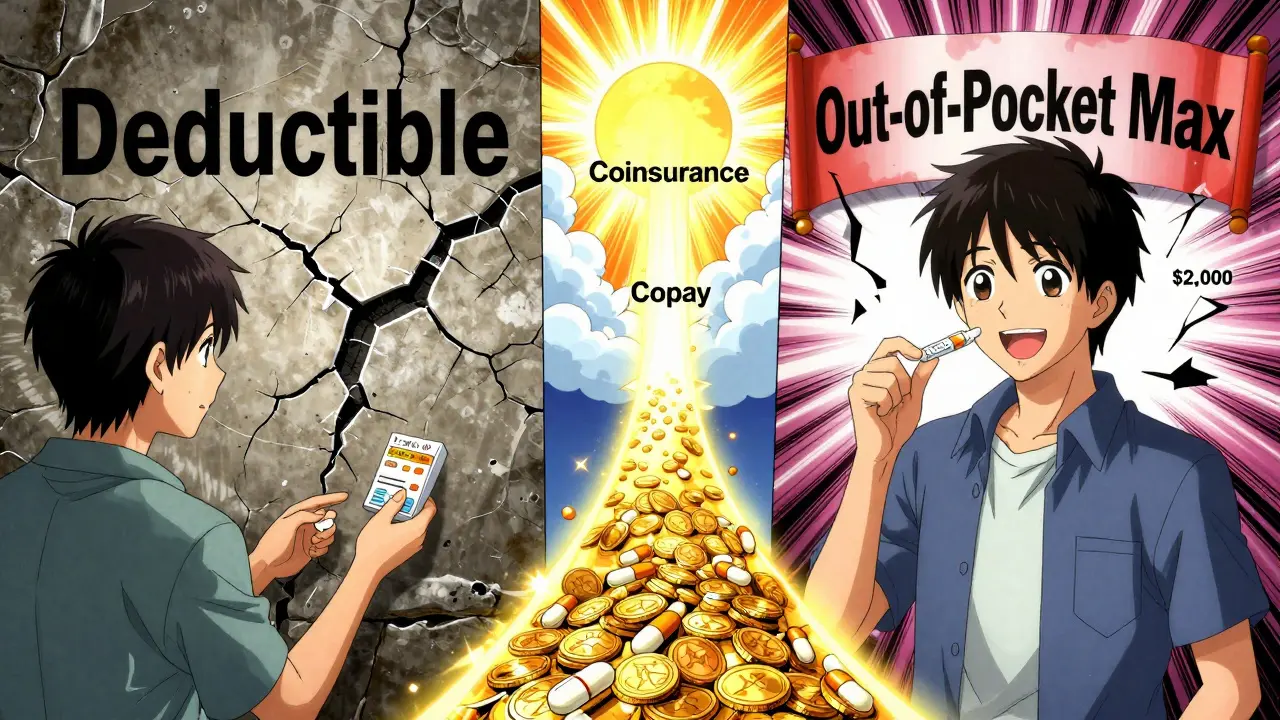 A split-panel manga scene showing the transition from paying full medical costs to having insurance cover everything after reaching the out-of-pocket maximum.