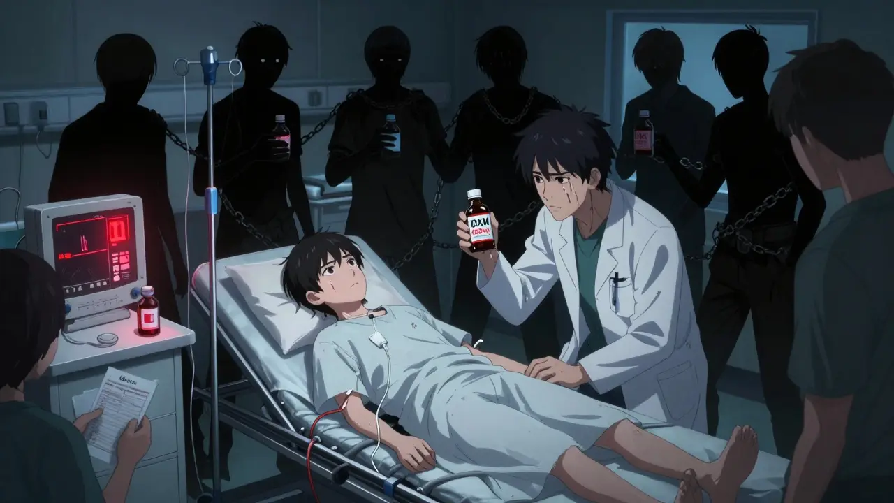 A teen in a hospital ER with monitors flashing red, doctors nearby, and shadowy figures of past selves fading away.