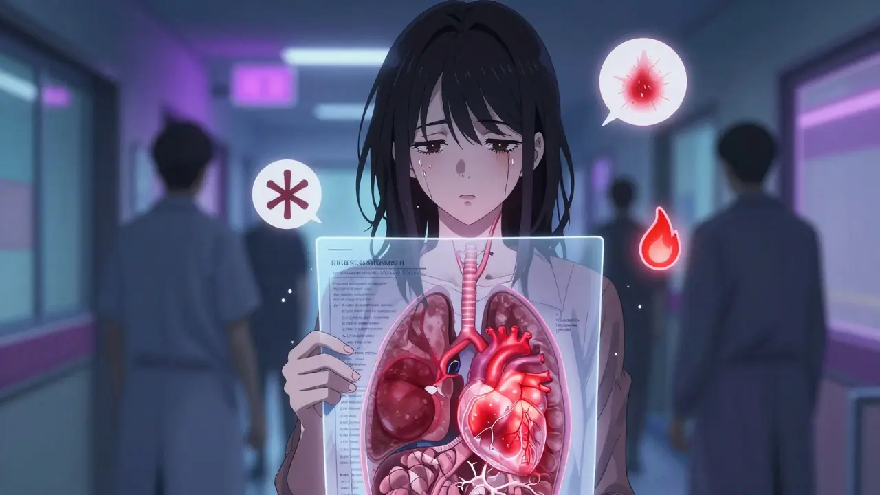 A young woman in a hospital with internal inflammation overlays and floating symptom icons.