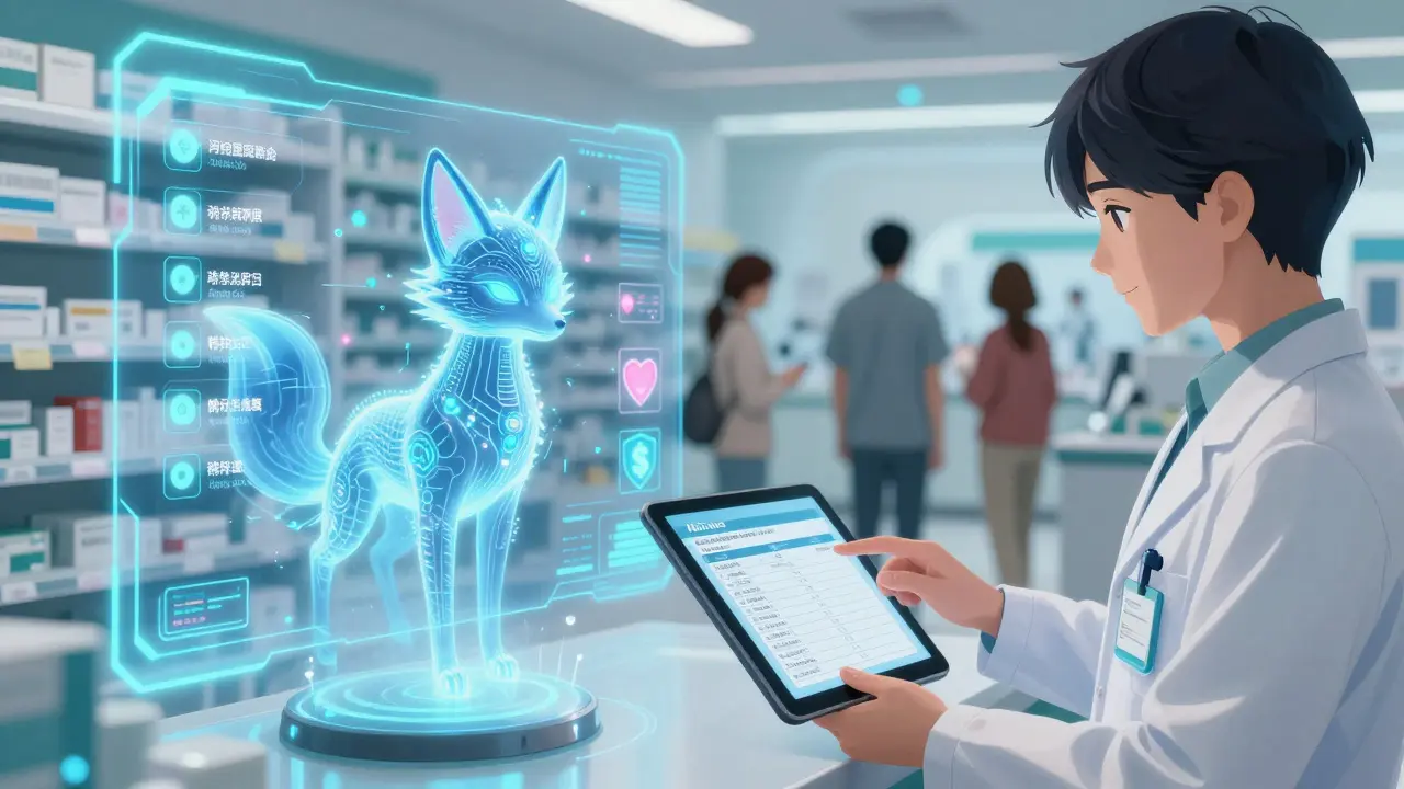 AI assistant projecting substitution data in a futuristic pharmacy with patient safety icons.