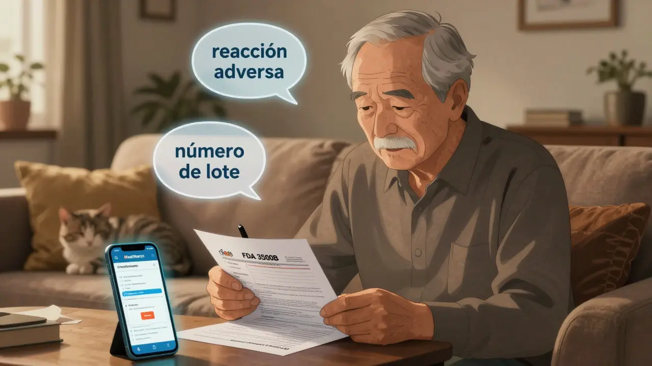 An elderly man filling out a Spanish-language FDA form at home, with a crashing portal visible on a phone.