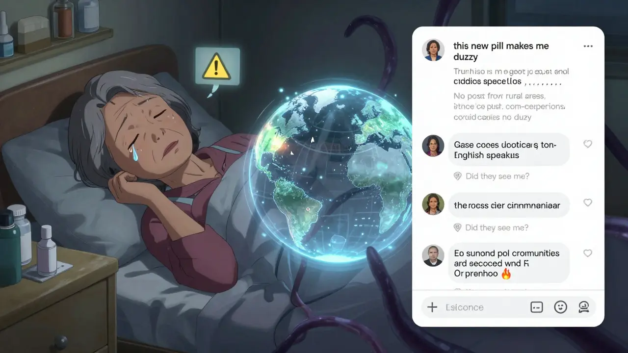 An elderly woman asleep while her social media post is harvested by invisible AI, with data gaps shown around her.