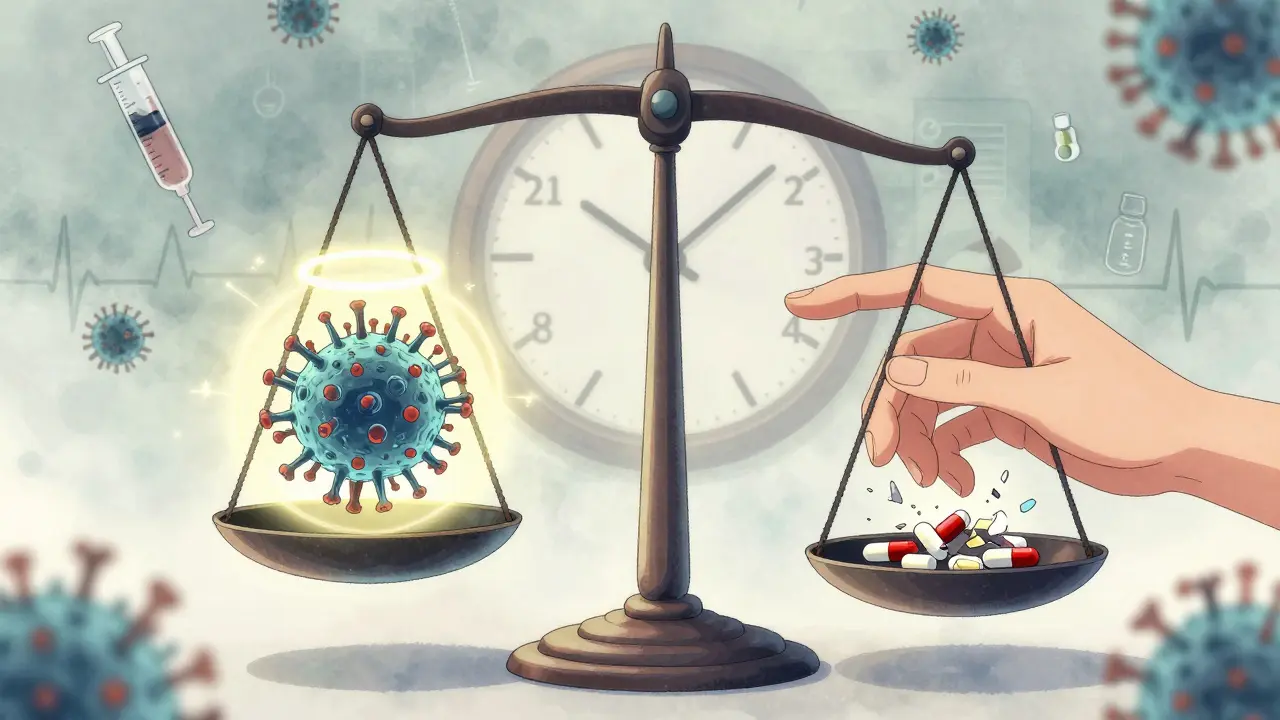 Balance scale weighing TB treatment against failed anticoagulants and antivirals, with a ticking clock.