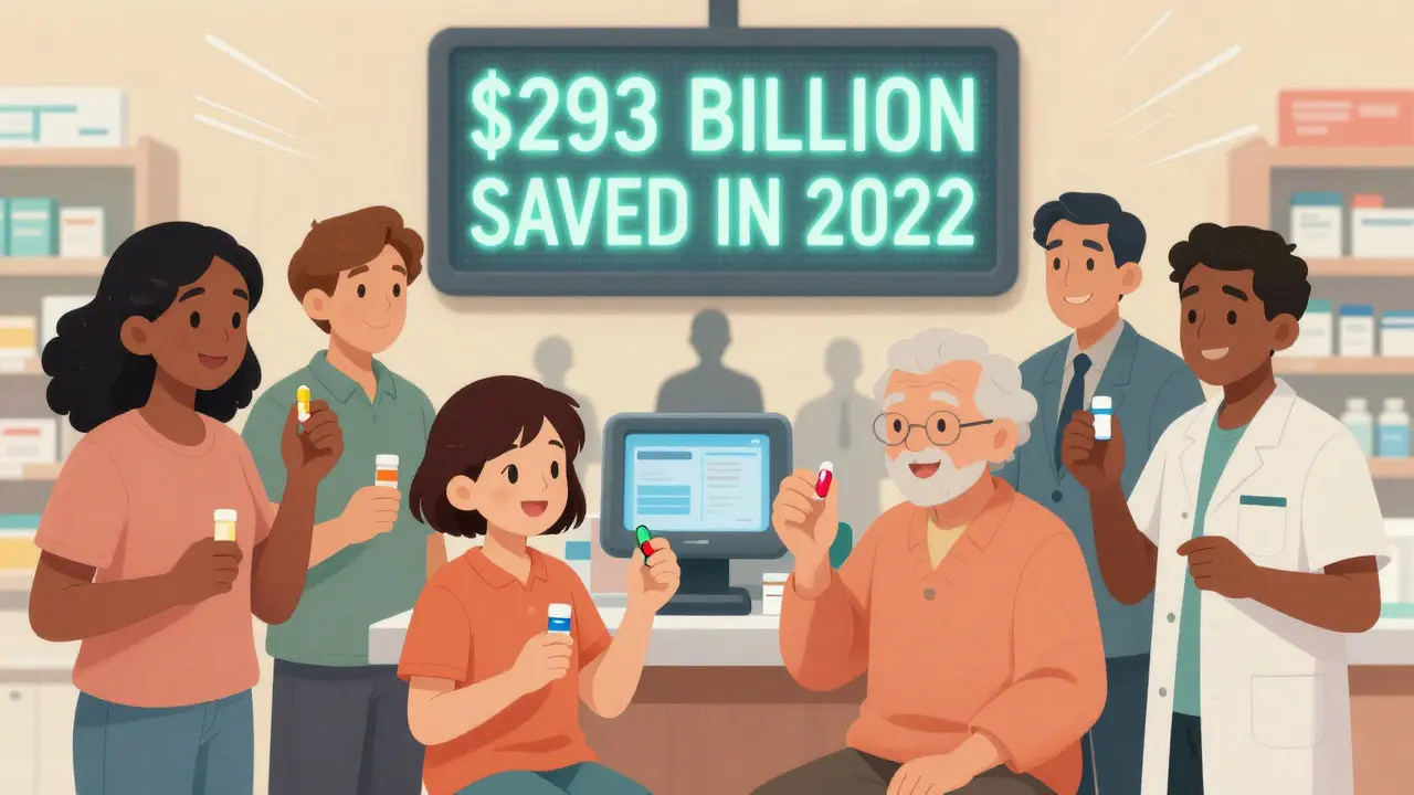Diverse patients smiling while receiving generic pills at a pharmacy, with a savings total glowing in the background.