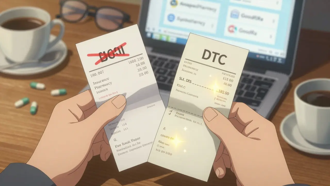 Hand comparing two prescription receipts—one high cost, one low—with digital pharmacy interfaces glowing nearby.