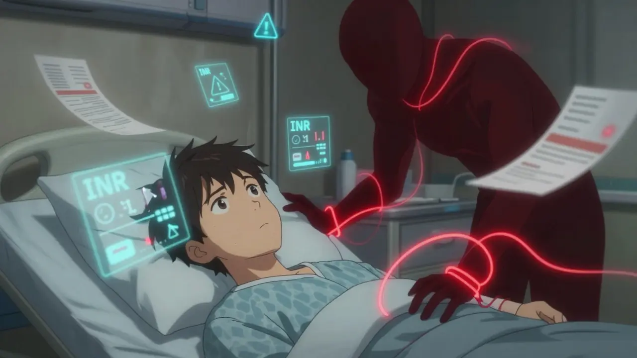 Patient in hospital bed with collapsing INR levels as rifampin's shadow overwhelms their blood flow.