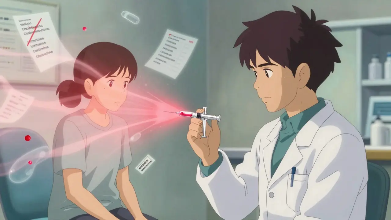 Patient receiving Xolair injection as antihistamine pills are banished in ghostly form.