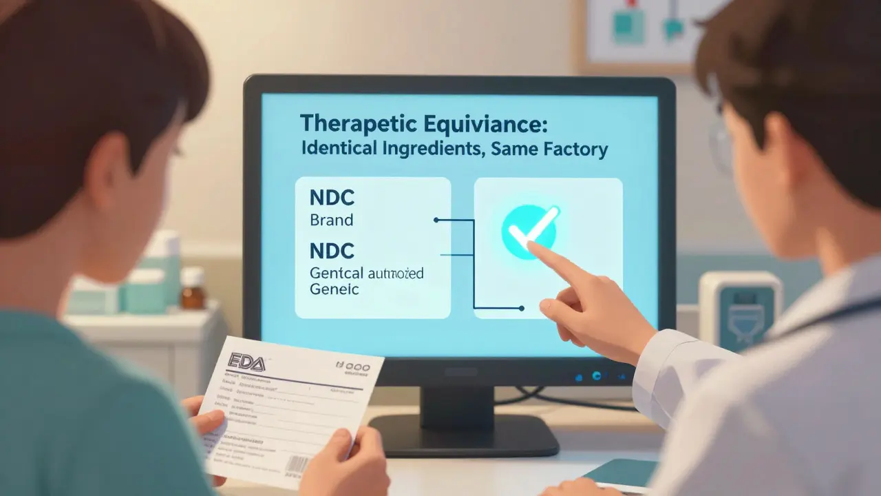 Patient sees NDC codes on screen, doctor explains authorized generic is identical to brand drug.