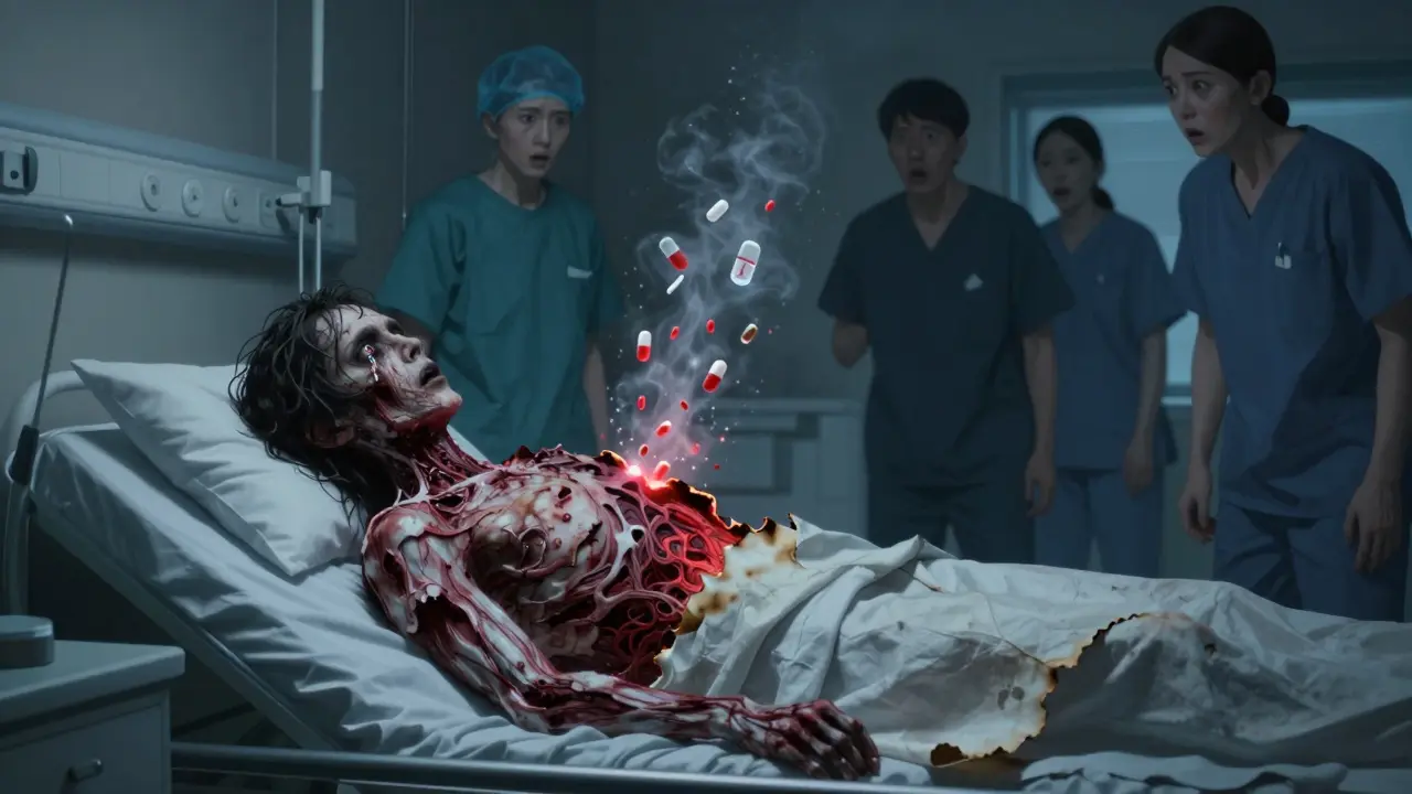 Patient with peeling skin in hospital bed, medical staff nearby in shock