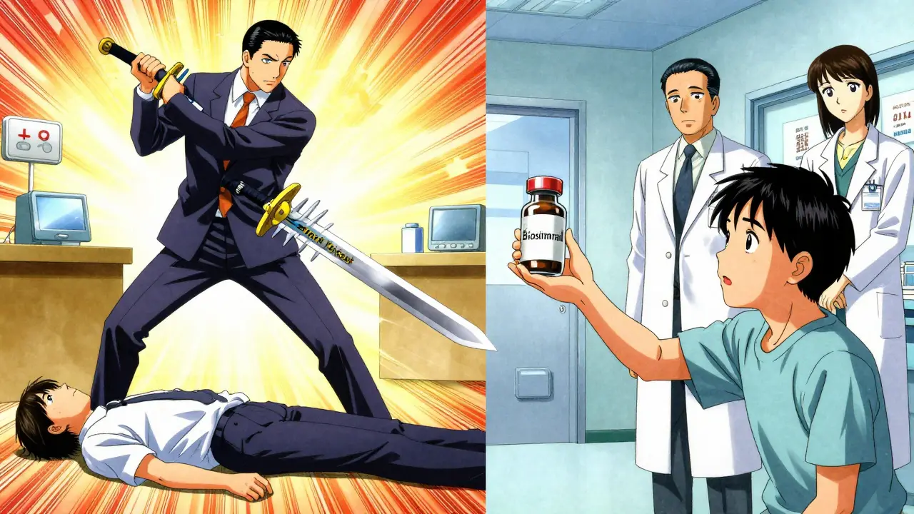 Pharmaceutical executive fights biosimilar with patent swords while patients watch helplessly.