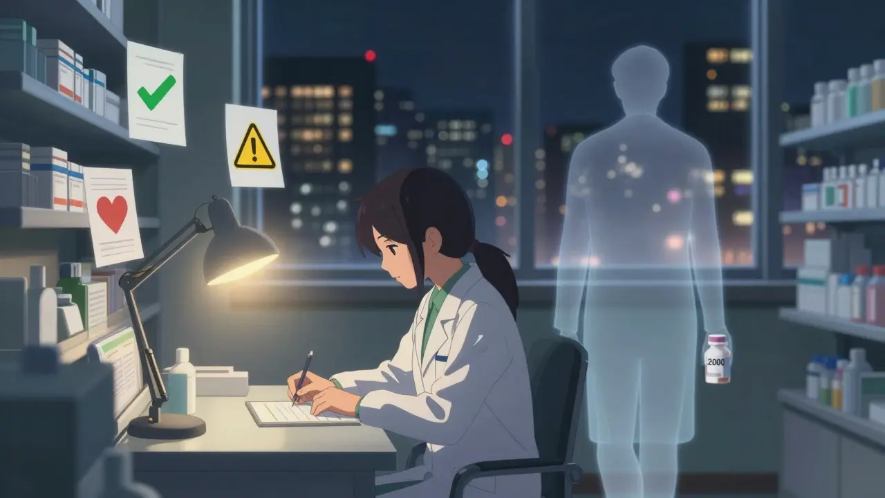 Pharmacist alone at night surrounded by icons, patient silhouette walking away with expensive bottle.
