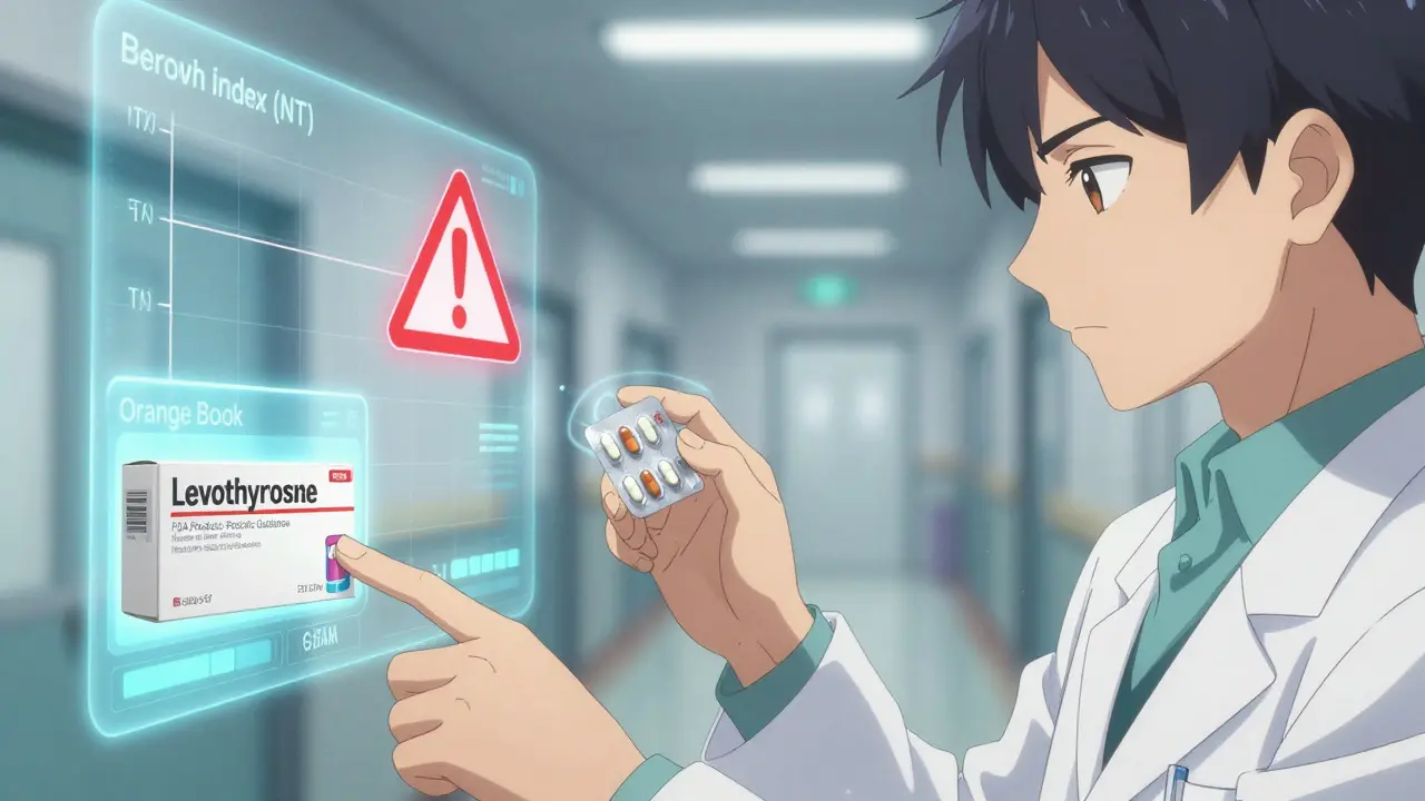 Pharmacist and doctor discussing NTI drug substitution with warning symbol floating between tablets.
