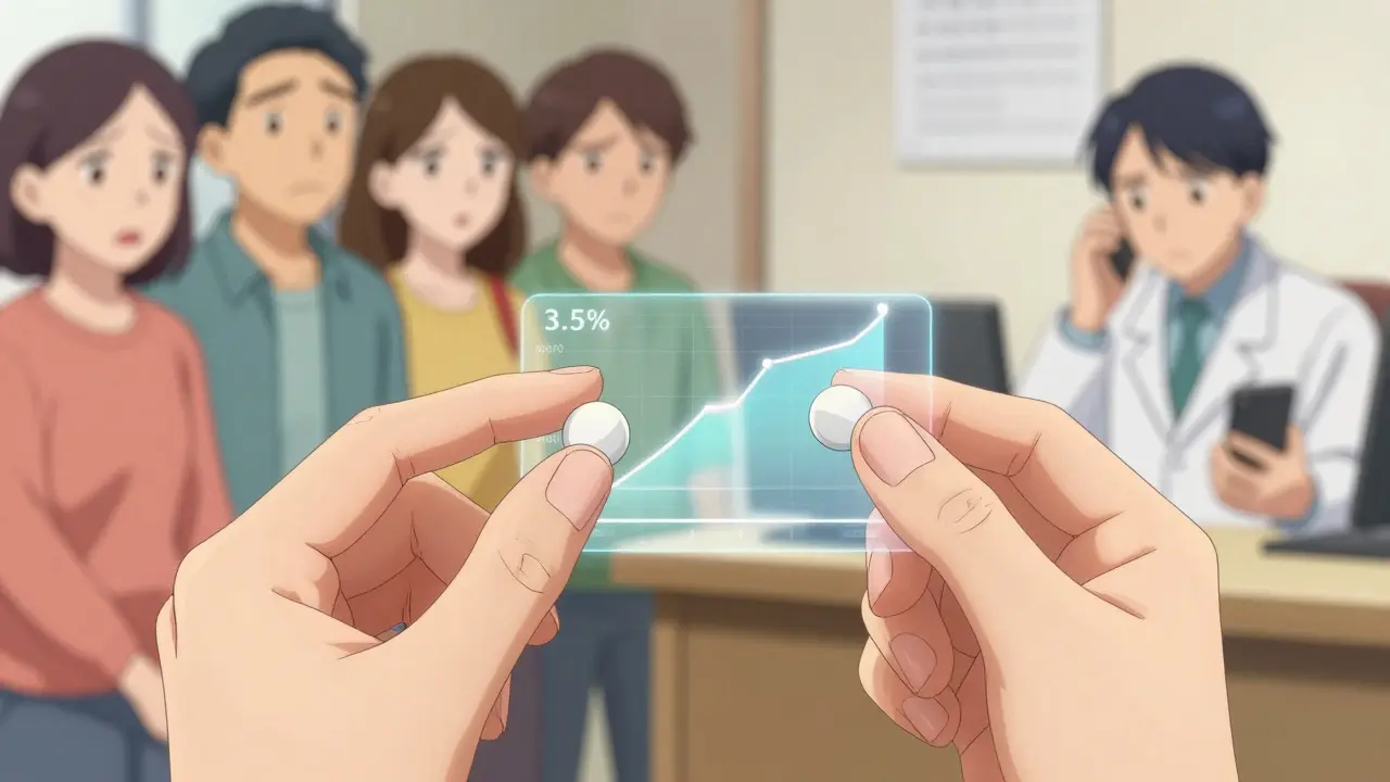 Pharmacist holding generic and brand pills with a floating absorption graph, patients blurred in background.