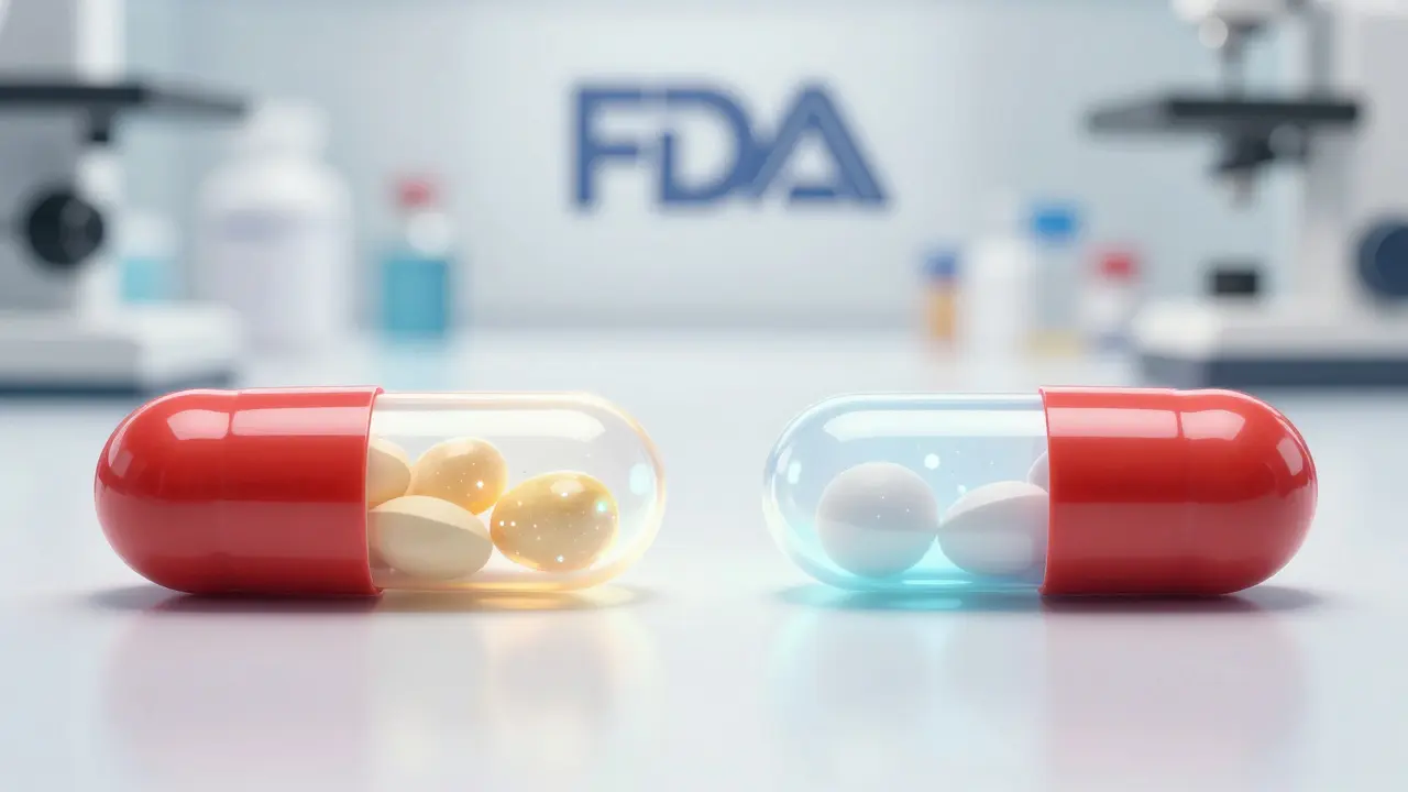 Side-by-side comparison of brand and authorized generic capsules with identical internal structures glowing.