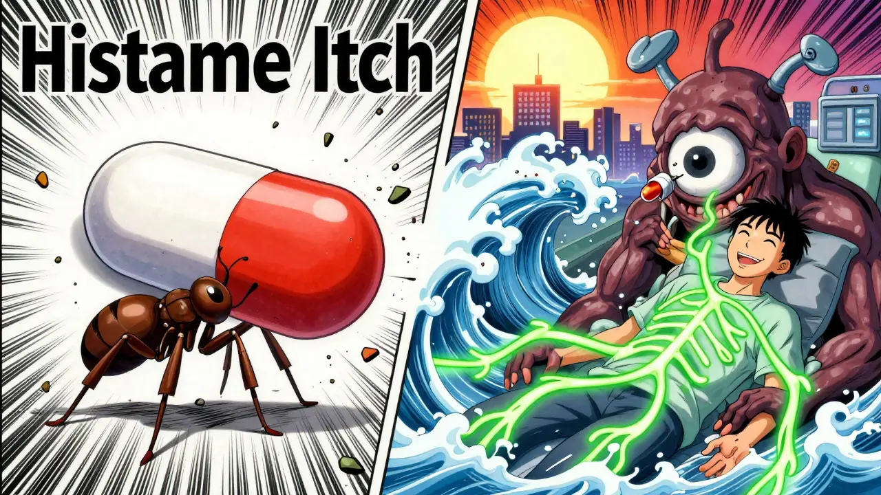 Split-panel: antihistamine pill fails vs. naloxone capsule defeating an opioid monster causing itch.