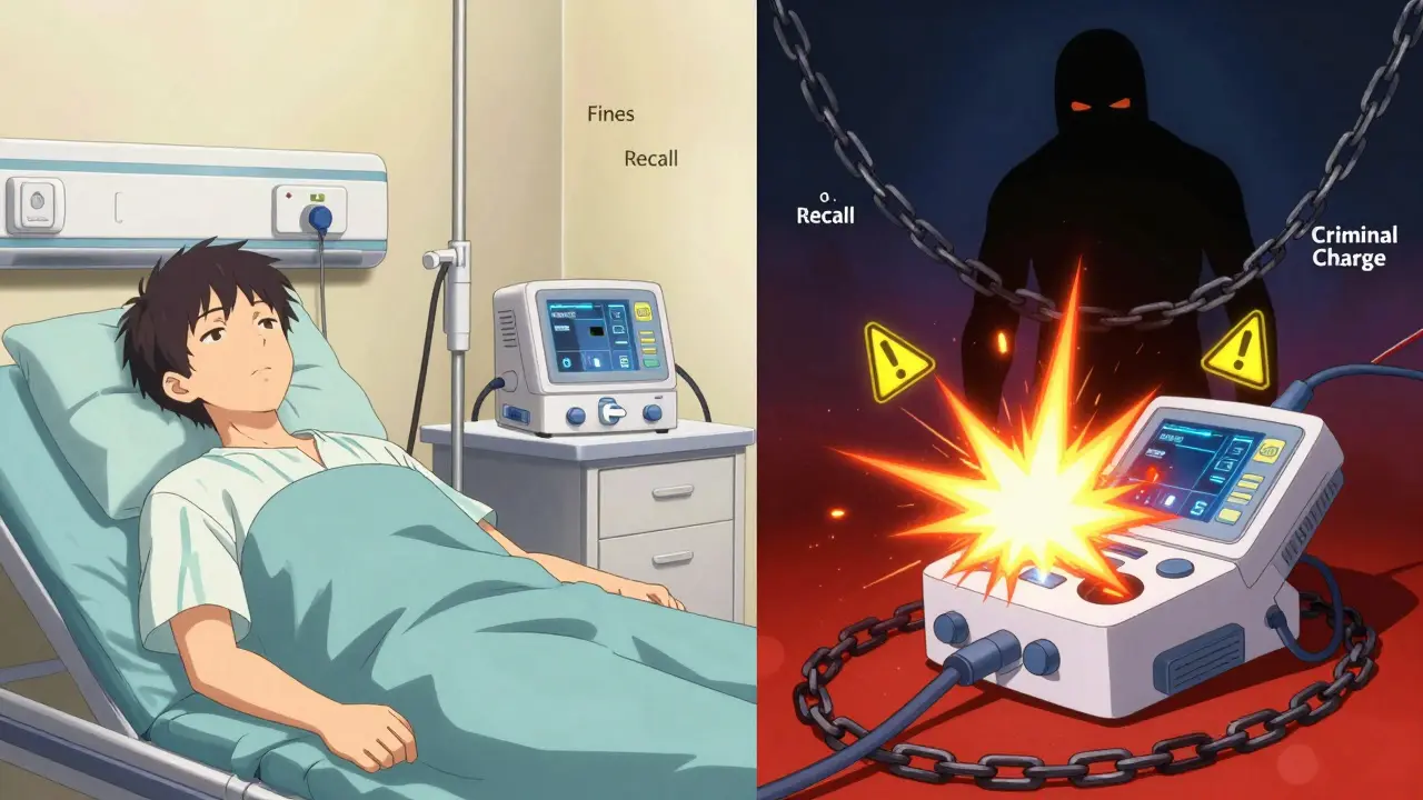 Split scene: safe medical device use vs. malfunctioning device with warning symbols and shadowy consequences.