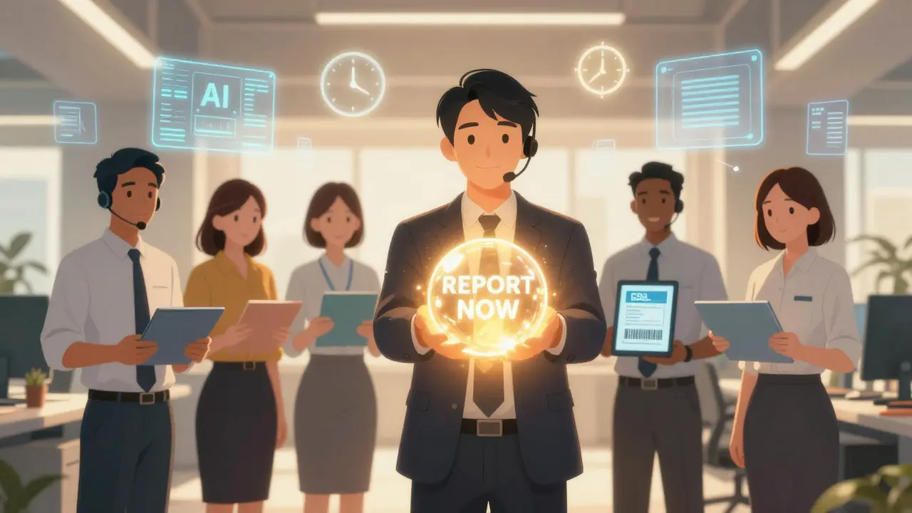 Team passing a glowing report orb while AI and UDI icons float around them in a hopeful office setting.