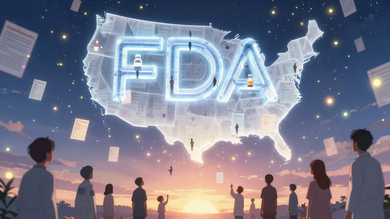 Thousands of patient reports rising as glowing fireflies to form the FDA logo in the sky at sunrise.